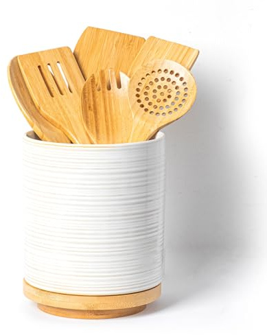 Utensil Holder, Ceramic Kitchen Spatula Holder For Countertop, 7.6 Large Utensil Organizer for Spoon, 360° Rotating Cooking Utensil Crocks Farmhouse Kitchen Counter Decor 9 Pcs White