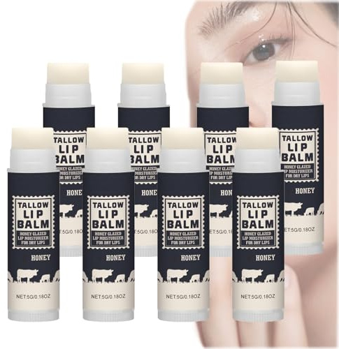 Rindertalg-Lippenbalsam, Feuchtigkeitsspendender Lippenpflegestift für trockene Lippen, Lippenreparatur-Pflegebalsam, langanhaltende Feuchtigkeitspflege, beruhigend und langanhaltend (8 PCS)