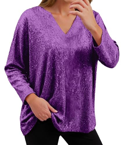 Generisch Maglia da donna con scollo a V, con paillette, alla moda, da donna, taglie grandi, con brillantini, a maniche lunghe, casual, leggera, a maniche lunghe