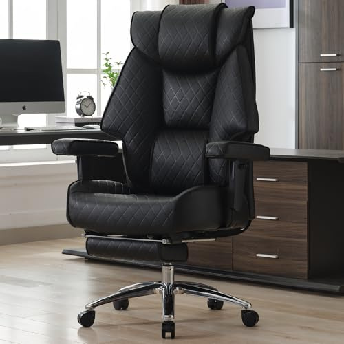 EXCEBET XXL Chefsessel bis 180kg Belastbar, Ergonomischer Bürostuhl mit Taschenfederkern, Breiter Drehstuhl für Schneidersitz, Dick Gepolstert, Hochlehner Managerstuhl mit Lendenwirbelstütze (Schwarz)