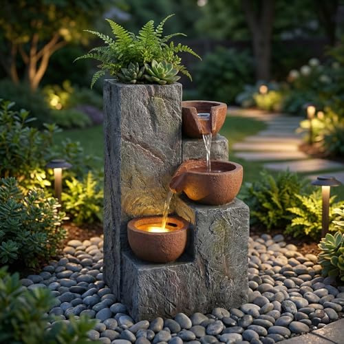 Fontana decorativa da giardino, stile antico, 230 V, cascata, fontana per acqua da giardino, laghetto da giardino, terrazza, balcone, rubinetto, bacino, da terra (grigio pietra 2)
