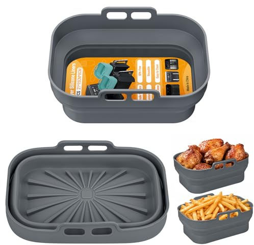 2 Piezas Gris Molde Silicona Freidora de Aire, Reutilizable Rectangular Bandejas para Air Fryer, Moldes Silicona Air Fryer, Molde Air fryer Silicona para Microondas, Horno, Freidora sin Aceite