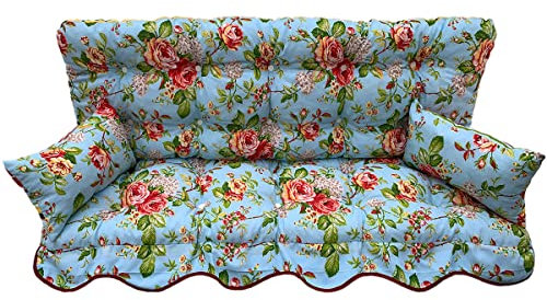 Adlatus-Kühnemuth Polsterauflage Hollywoodschaukel 180x50 Modell 840 - eine Seite wunderschöne Rose, die andere Seite mit Streiefn auf hellblauem Hintergrund-