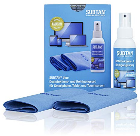 SUBTAN Blue Desinfektions- und Reinigungsset – alkoholfreies Spray 100 ml + 2 Premium Reinigungstücher – streifenfrei für Display, Touchscreen, Smartphone, Tablet – Made in Germany