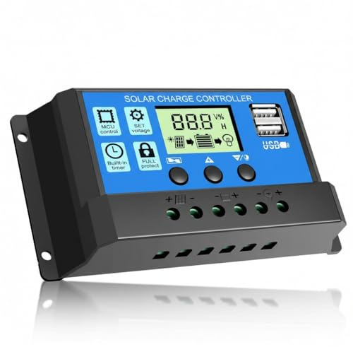 20A 12V/24V Intelligenter Solarpanel-Laderegler mit LCD-Display & USB-Anschluss, Überstromschutz, Solarladeregler für Solarpanel Batterielampe LED-Beleuchtung