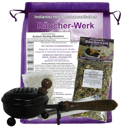 Räucherwerk KELTISCHER SCHAMANENRAUCH 6-TLG Räucherset. Magische Grundmischung für rituelle + magische & spirituelle Anwendungen. 1 x Räuchermischung + ZUBEHÖR + Anleitung. 81470-P