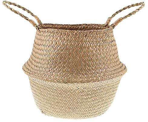 Cozywind Naturkorb Stroh Korb Seegras Blumentopf Pflanzenkorb Geflochten Faltkorb Handgewebte Wäschekorb Faltende Aufbewahrungskorb mit Griff für Haushaltswaren (38cm)