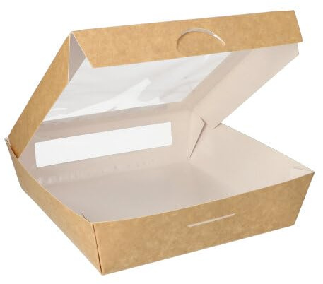 Papstar - 4 x 25 Boîtes alimentaires, en carton, avec fenêtre transparente en PLA rectangulaire 1500 ml 19 cm x 19 cm x 5 cm marron