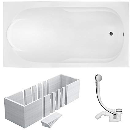 VBChome Badewanne 170x70 cm Acryl SET 3in1 Wannenträger Siphon Wanne Rechteck Weiß Design Modern Styroporträger Ablaufgarnitur in Chrom