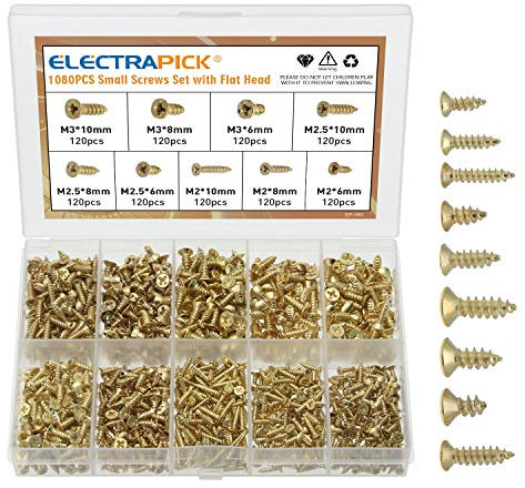 electrapick Kleine Schrauben 1080 Stücke Holzschraube M2 M2.5 M3 6/8/10mm, Kreuz-Antrieb, Gold
