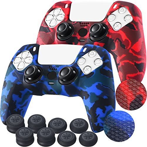 YoRHa Points Housse Coques Autocollants en Silicone Skin Cover pour PS5 Dualsense Manette (Rouge + Bleu) x 2 avec Prises de Pouce x 10