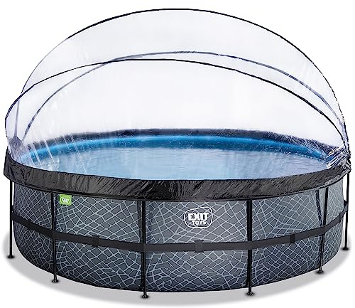EXIT Toys Stone Pool con Cubierta Multifuncional - ø488x122cm - Piscina de Marco Redondo con Bomba de Filtro de Arena y Escalera de Piscina - Piscina Extra Profunda - para Agua Limpia y Cálida - Gris
