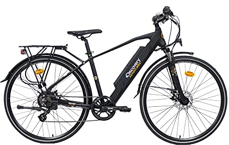E-Bike a Pedalata Assisita, Trekking Bike Con Ruote e Forcella Ammortizzata, Cambio Shimano 7 Velocità, Nero Opaco, 28