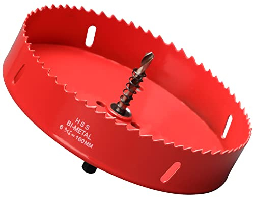 160mm HSS Bi-Metal Hole Saw, Red Finish Corn Hole Cutter in 30mm Cutting Depth for Wood Boards, Soft Metal Sheet, Drywall and Plastic