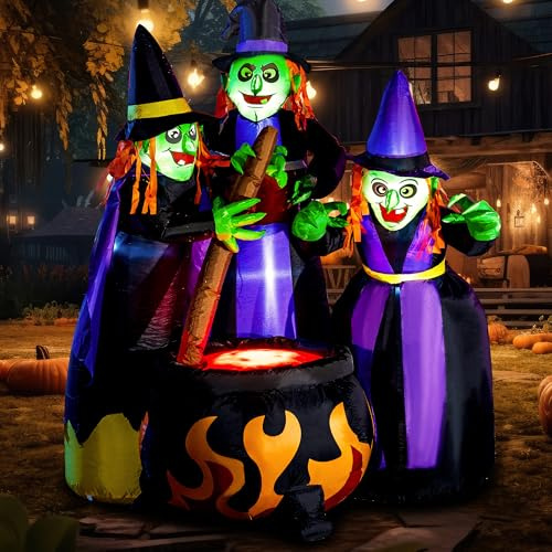 Joiedomi Aufblasbarer Halloween-Kessel mit Flammenlicht, 3 Hexen, 1,8 m lang, aufblasbare Hof-Dekoration mit eingebauten LEDs, aufblasbar, für Halloween-Party, Innen- und Außendekorationen