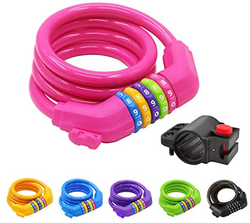 GOLDPOOL Fahrradschloss Zahlenschloss 1200∅12mm, Zahlen Code Kombination KabelSchloss, Hohe Sicherheitsstufe mit 5 Stellig Zahlencode, Rosa Fahrrad Kabelschlösser mit Halterung, für Fahrrad Motorrad