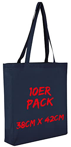 TEXXILLA Baumwolltasche - 10er Pack | Dunkelblau | mit Zwei Langen Henkeln, Boden- und Seitenfalte | 38x42cm | Jutebeutel | Einkaufstasche | unbedruckt