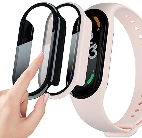 Msm-case [2 piezas Película protectora de pantalla negro+rosado con vidrio templado para,estuche para PC con dureza 9H, parachoques, estuche protector completo delgado para inteligente Mi band 7