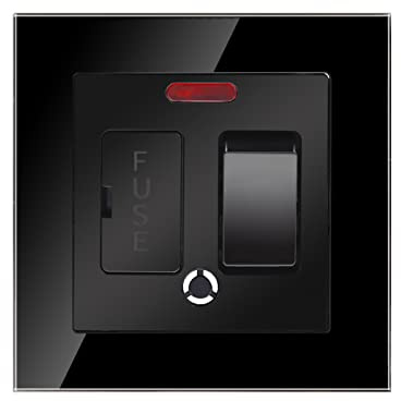 CNBINGO 1-Pack Switched Fused Spur with Red Indicator, Black Glass, 13A | Switched Fused Connection Unit with Indicator, Rocker Spur Switch with Ceramic Tube Cartridge Fuse, BS1362, Glass Plate