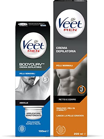 Veet For Men Kit Haarentfernungscreme für Achseln und empfindliche Haut mit abgerundetem Applikator (100 ml) und für normale Haut (200 ml)