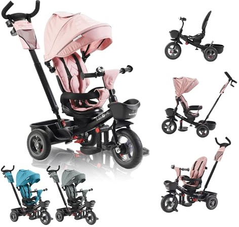 FableKids 5-i-1 trehjulig cykel Noemi med bygel från 18 månader upp till 25 kg, framåt och bakåt, PU-däck, frihjul rymligare, korg, väska, mugghållare - Rosa