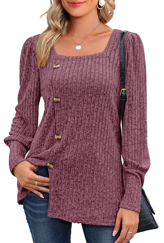 Aokosor Womens Long Sleeve Tops Ladies Lightweight Jumpers Square Neck Front Button Tunic