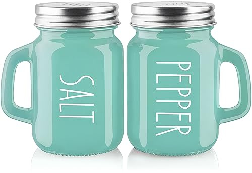 Juego de salero y pimentero turquesa – Decoración de cocina verde azulado y accesorios para el hogar, restaurantes, bodas. Juego de sal y pimentero de vidrio para mesa de cocina, RV, barbacoa, fácil