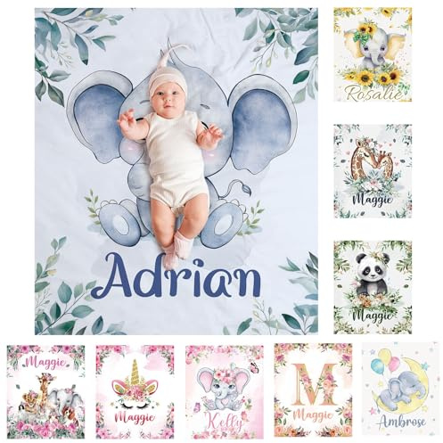 SearchI Personalisierte Babydecke mit Namen 90X120cm,Weich Warme Baby-Überwurfdecke für Junge Mädchen,Kinderdecke Namensdecke Personalisiert Geburtstaggeschenk(Elefantenblau)