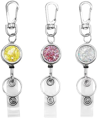 bolimoss Lot de 3 enrouleurs de badges d'identification rétractables avec design brillant pailleté, porte-clés et clip de ceinture, corde rétractable robuste pour employés de bureau, infirmières,