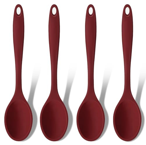 GEEKHOM Lot de 4 grandes cuillères à mélanger en silicone résistantes à la chaleur - Ustensiles de cuisine de service - Cuillères à mélanger antiadhésives pour la cuisine et la pâtisserie - Rouge