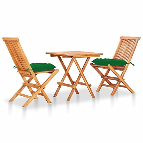 LAPOOH 3-TLG. Bistro-Set mit Grünen Kissen, Gartenset Tisch Und Stühle, Balkon Möbel Für Kleinen Balkon, Terrassenmöbel, Balkonset, Balkonmöbel, Massivholz Teak