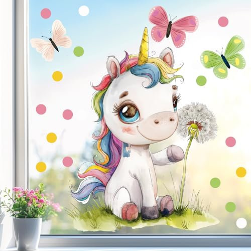 Sunnywall Fensterbild Fensterdeko Einhorn Pusteblume Fensteraufkleber statisch selbstklebend beidseitiger Druck Aufkleber Fenstersticker WIEDERVERWENDBAR A4
