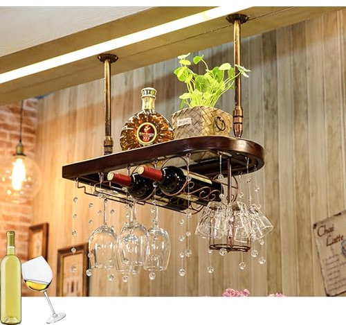 Weinregal Wand Flaschenregal Schmal Wine Rack Bar Regal Wand Barschrank Minibar Vitrine Hängend Weinschrank Holzregal Mini Bar Weinflaschenhalter Getränkeregal mit Weinglashalter(Color:Walnut color,Si