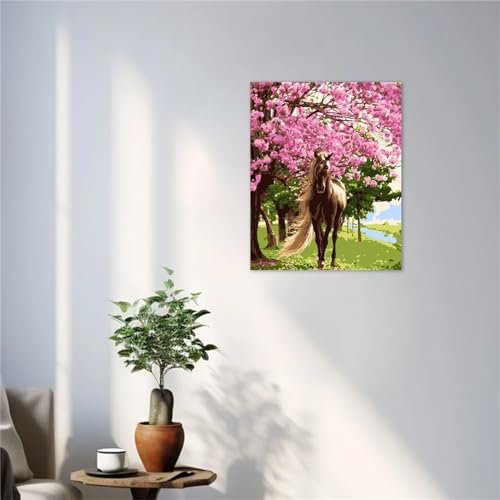 Aimaor Malen Nach Zahlen Erwachsene,Pferde Rosa Blumen Paint by Numbers Adult Bastelset Malen-Nach-Zahlen Kinder Anfänger Leinwand Kreativ Set DIY Set Malen nach Zahlen 30x40cm