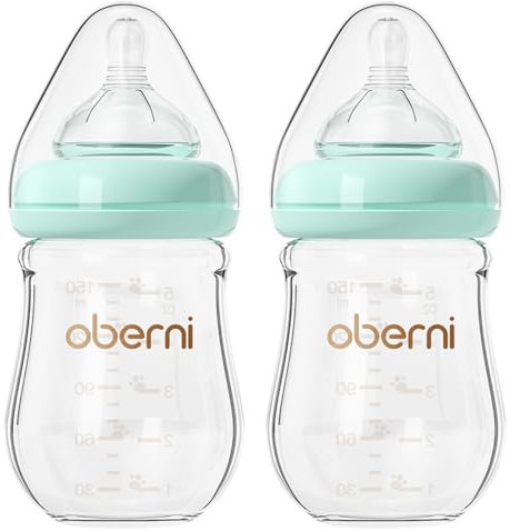 Oberni Anti-Colic Glass Baby Bottles with Slow Flow Breast-Like Silicone Teat, 150ml, 0+ Months, Wide-Neck, Blue/2Pack