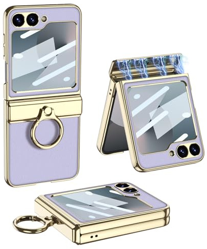 COQUE Étui pour Galaxy Z Flip 6 avec Film HD, de Protection à charnière magnétique avec Anneau, en Cuir à Motif Litchi pour Samsung Galaxy Z Flip 6 5G-Violet