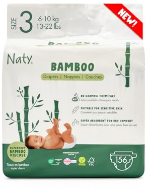 Naty Bamboo - Pañales de viscosa de bambú – suavidad sedosa, pañales de origen vegetal, dermatológicamente testados para piel sensible y súper absorbentes (talla 3, 156 unidades)
