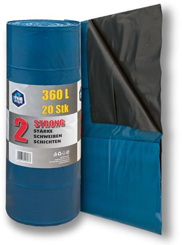 PAM-FOLIE Sacchi della spazzatura extra forti, 360 l, 20 pezzi, grandi e spessi, 120 x 135 cm, doppio strato, sacchetto per la spazzatura nero, blu, sacchetti per rifiuti da costruzione, universale
