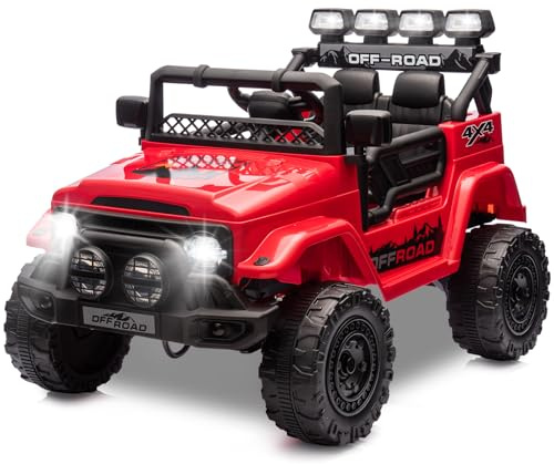 HAUSPROFI Macchina Elettrica per Bambini, 12V Macchina per Bambini, Jeep Elettrica per Bambini con Telecomando 2.4G, LED, Bluetooth, Musica, 5 km/h Max, Auto Elettrica per Bambini, Rosso