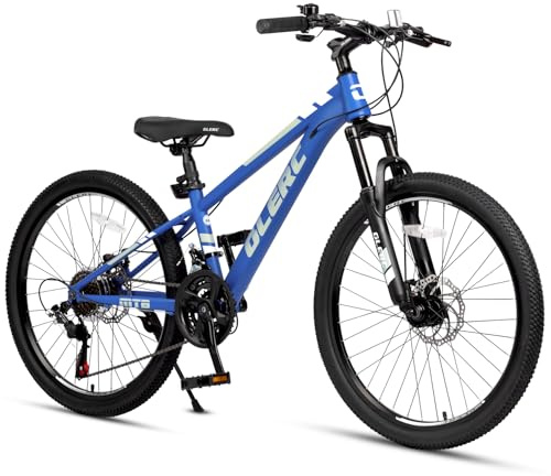 Glerc Skyline Kids Mountain Bike för pojkar/flicka 24 tum, 21-växlad cykel med främre fjädring och skivbromsar, marinblå