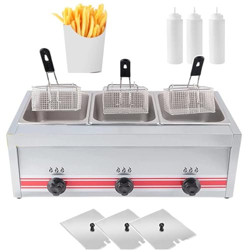 QUSYZD Friggitrice Commerciale/friggitrice a Gas Professionale/friggitrice a Olio da banco/Piani Cottura elettrici - con 3 cestelli per friggere e 3 coperchi, per ristoranti, Negozi, Uso Dome,