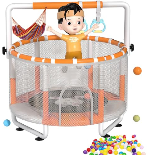 55 Indoor Trampoline for Kids, Kids Trampoline with Handle, Safety Net, Swing, Gymnastics Bar & Toys, 440lbs Capacity, Autism-Friendly Sensory Training Equipment for Ages 3–10 B