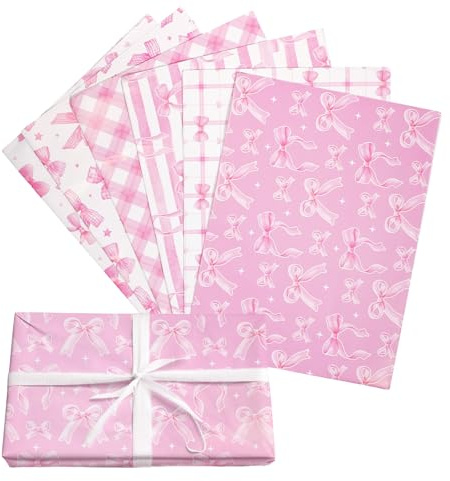 6Pcs Pink Bow Wrapping Paper, Birthday Gift Wrapping Paper Six Styles, Pink Bow Design Gift Papers,for Baby Shower, Mother Day, Valentine Day, Party and Festive Decorations (68x50cm)