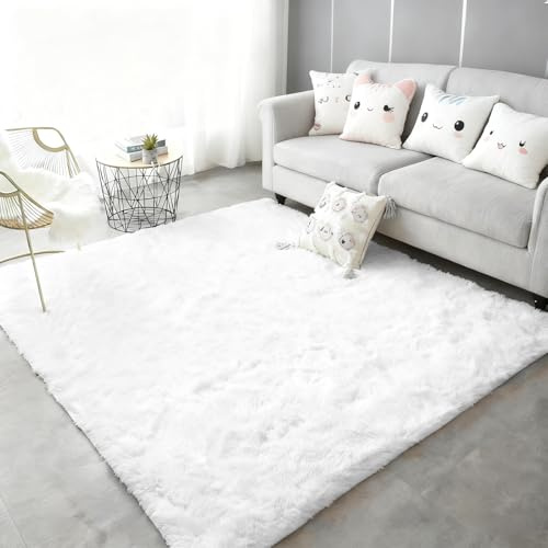 Yunlaishaocer Teppich Flauschig Weiß, Teppich Hochflor Flauschig 120x160 cm, Waschbarer Fluffy Rug, Anti Rutsch Carpet für Wohnzimmer, Schlafzimmer, Kinderzimmer