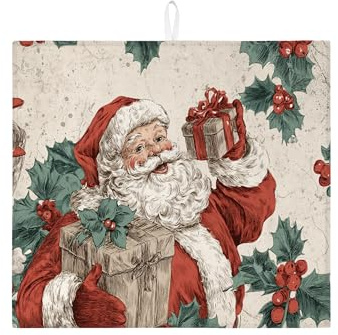 Tapetes de secado de platos de Papá Noel para encimera de cocina, escurridor de platos absorbente de acebo de Navidad, almohadilla de secado de microfibra retro para uso festivo, 16 x 18 pulgadas