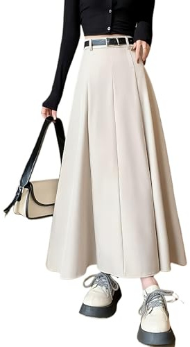 Rock Damen Eleganter Hoher Taillierter Plisseerock Herbst Winter Midirock A-Linie Röcke Für Damen(Aprikose,S)