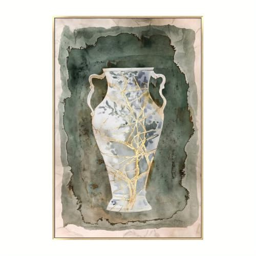PVPQPR Tableau sur toile représentant un vase amphore vintage,motif floral abstrait,décoration murale,impression sur toile à motif floral vert pour salon,80 x 120 cm (31 x 47 pouces) avec cadre