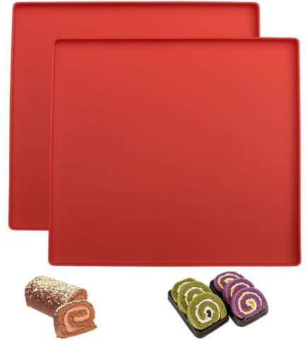 2PCS Swiss Roll Baking Tray, Swiss Roll Cake Mat, Reusable Non-Stick Baking Trays Silicone Swiss Roll Tin, Silicone Baking Mat for Cooking, Baking, Bread, Biscuits (Red)