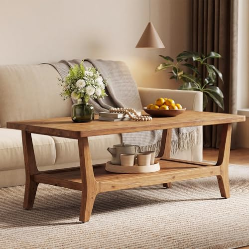 LITTLE TREE Solid Wood Coffee Table, 47-Inch Living Room Center Table with Shelf, 2-Tier, Smooth Corners, Lightweight, Easy Assembly, 23.6 D x 47.2 W