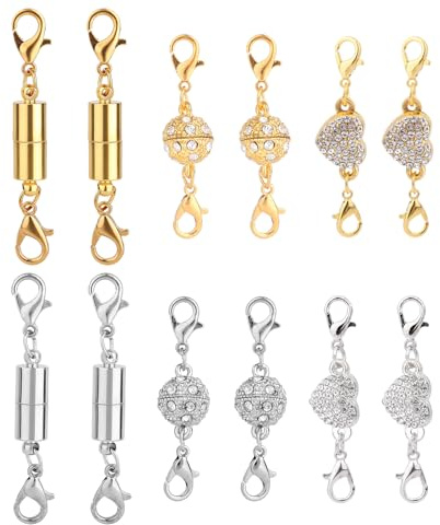 12pcs Magnetic Jewelry Clasp, Gold & Silver Color Magnet Locking Chain Necklace Extenders with Double Lobster Clasp Heart Shaped, Ball & Cylindrical Connectors Jewelry Closures for Bracelets Necklaces